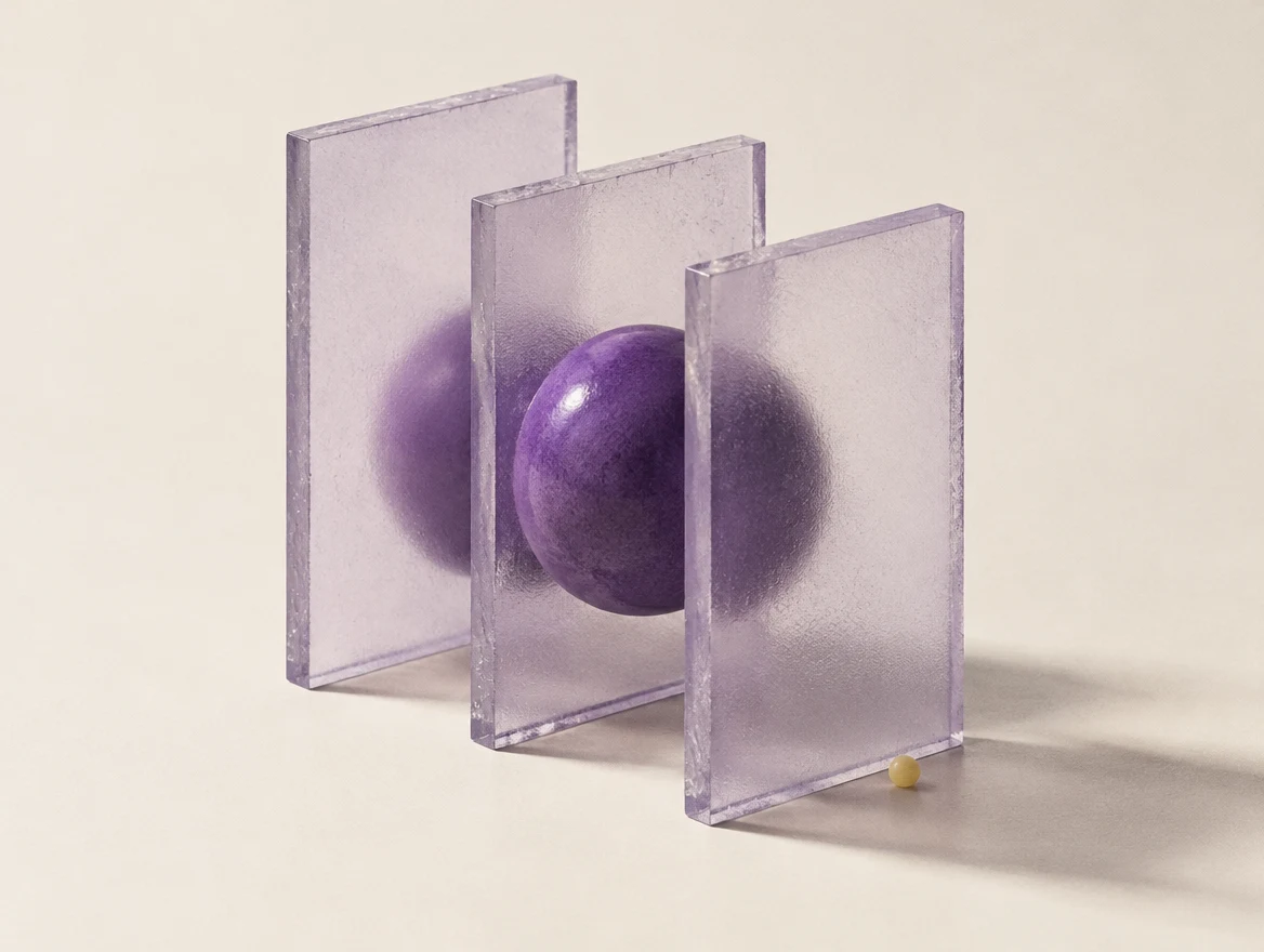 Aligned glass panels focusing on a single purple sphere